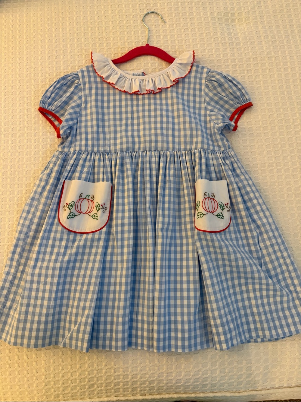 Blue Gingham Puff-Sleeve Kids Dress with Pumpkin Patch Pockets